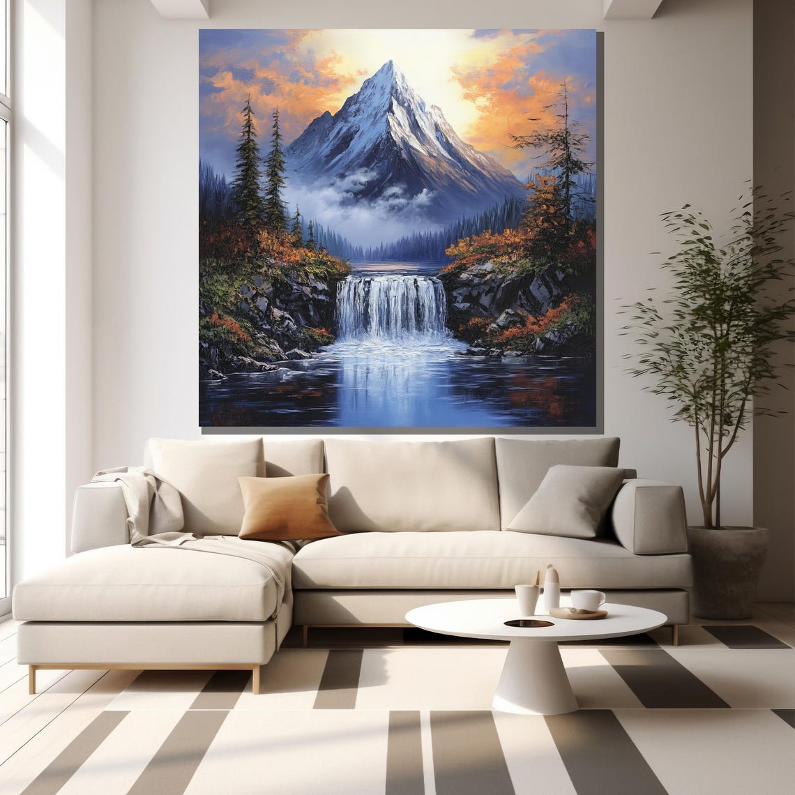 Snowy Mountain Peak Waterfall Autumn Forest Dramatic Landscape Poster - Image 2