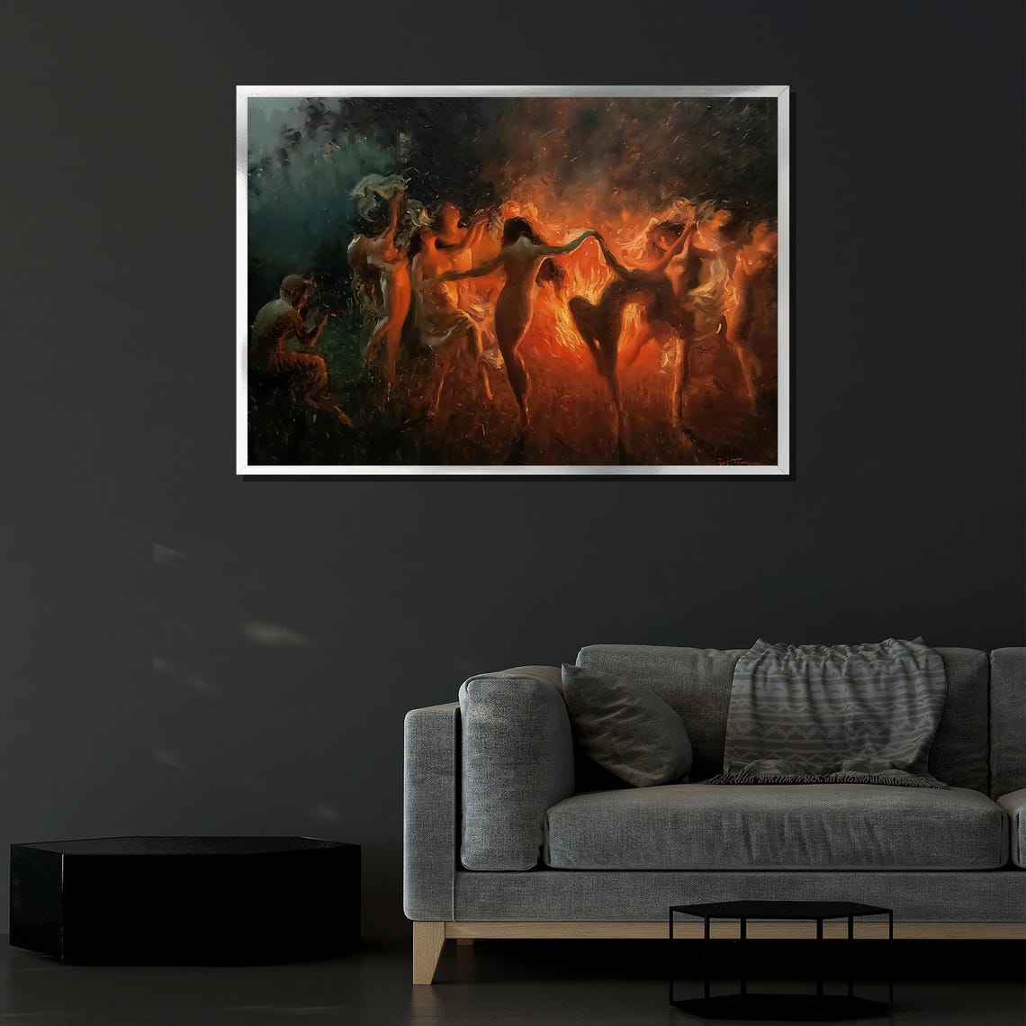 Fire Dance Night Painting Women Dancing Around Bonfire Flames Poster - Image 4