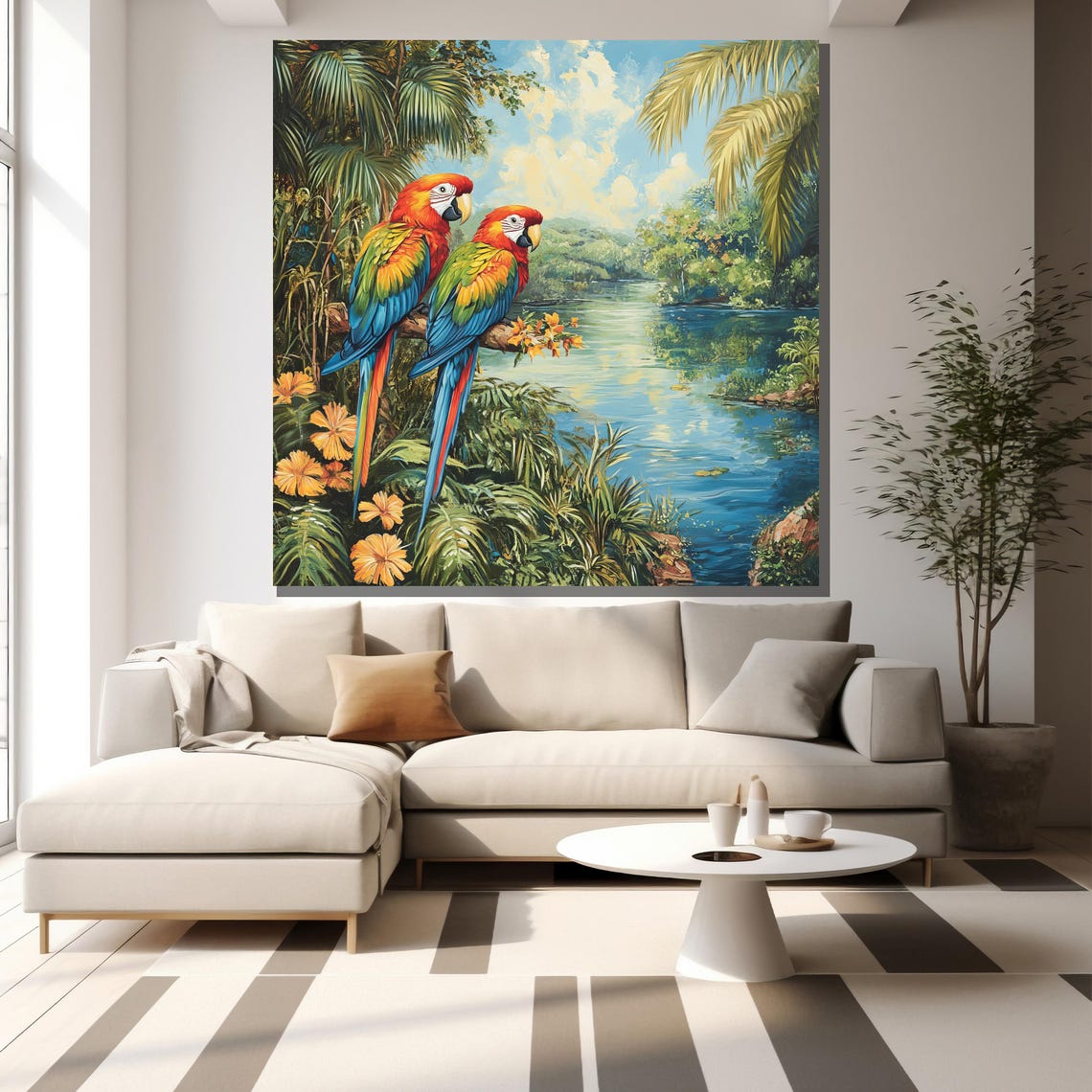 Scarlet Macaws By Tropical River Palm Jungle Painting Wildlife Poster - Image 2