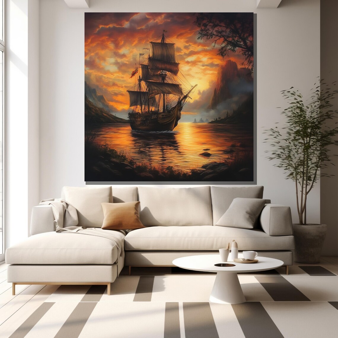 Sunset Ship Painting Large Sailing Boat Wall Art For Living Room Decor Nautical Gift Idea - Image 2