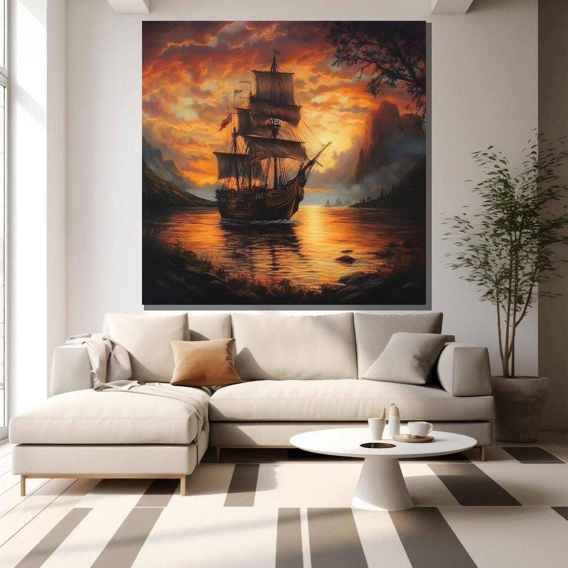 Tall Sailing Ship Fiery Sunset Ocean Dramatic Maritime Painting Poster - Image 2