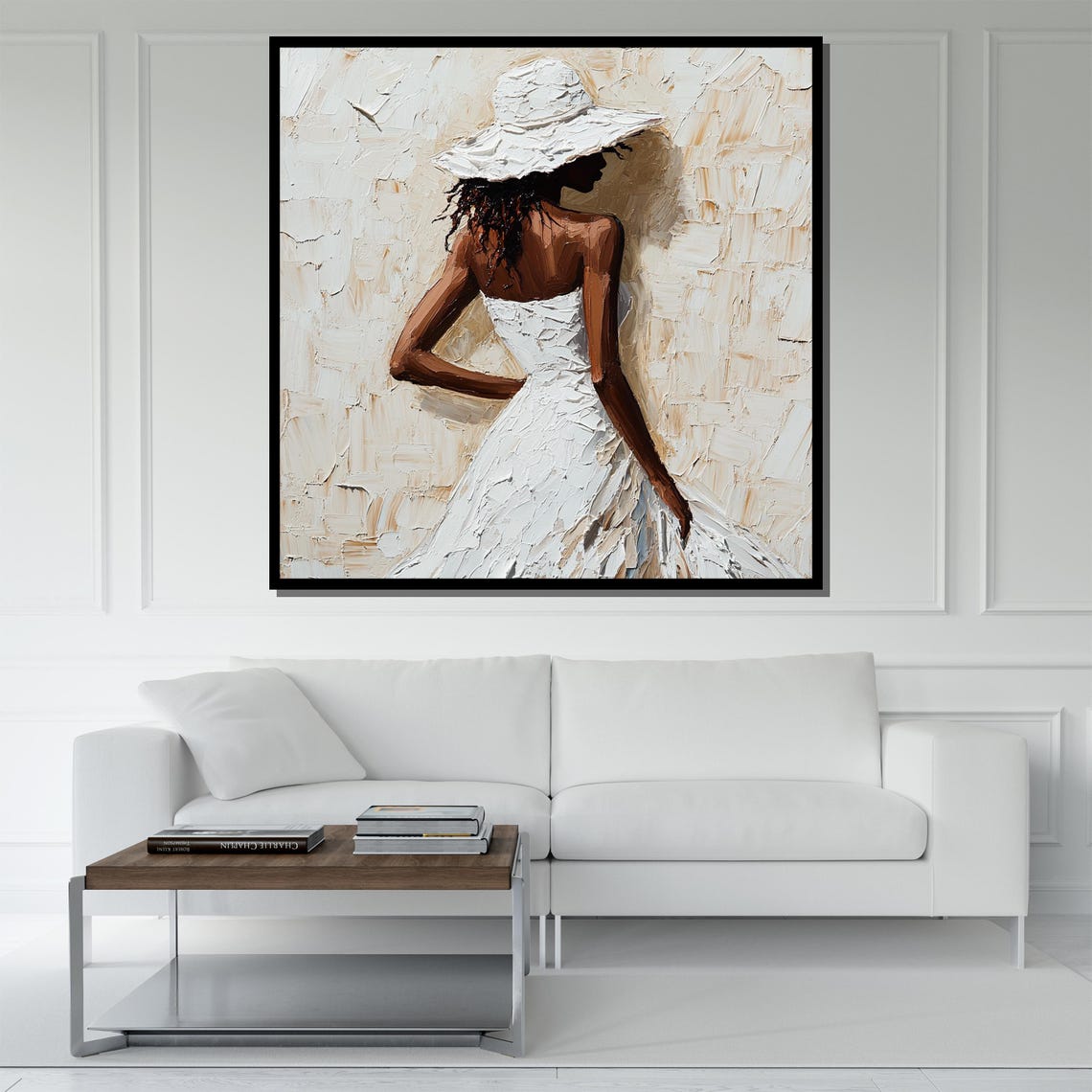 Elegant Woman in White Hat Textured Impasto Abstract Canvas Wall Art - Image 5