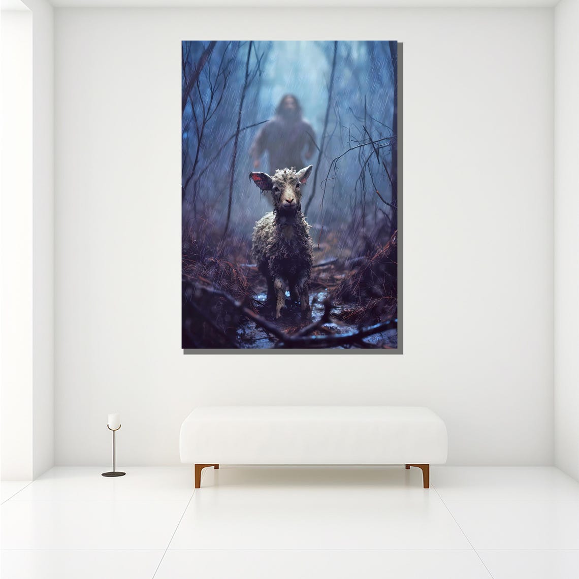 Jesus Finds Lost Lamb Rainy Forest Emotional Christian Art Wall Poster - Image 2