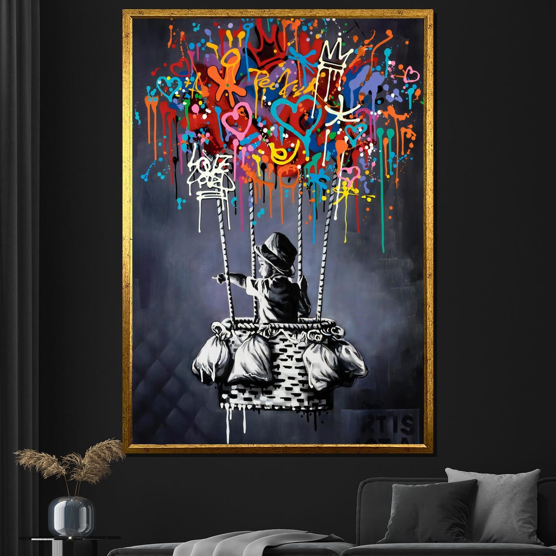 Child In Balloon Basket Graffiti Drip Balloon Street Art Wall Poster