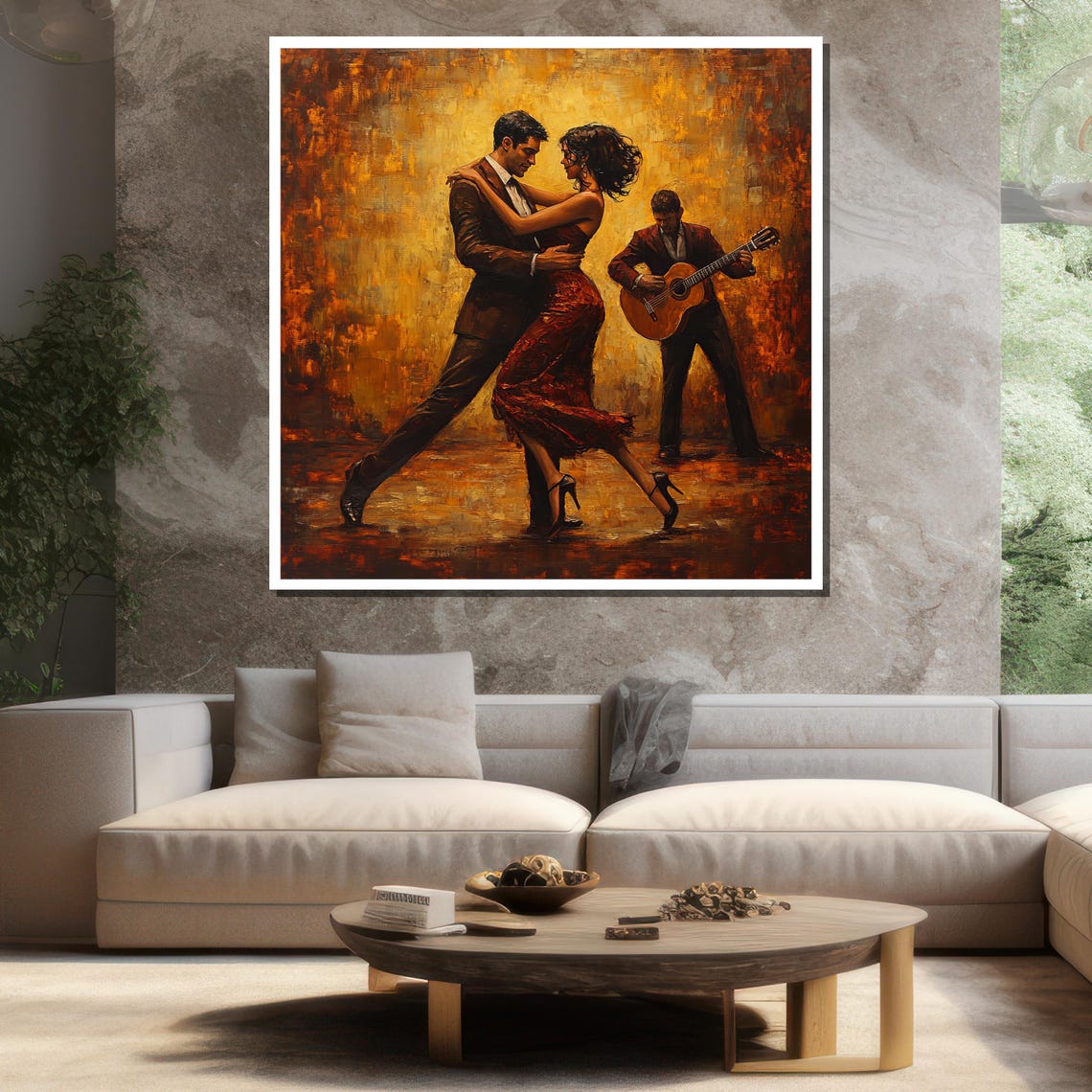 Tango Dancers With Guitarist Golden Textured Romantic Painting Poster - Image 3