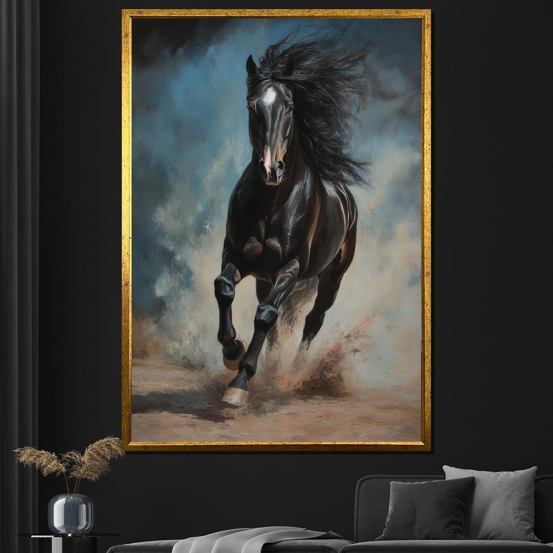Black Horse Galloping Dust Dynamic Powerful Stallion Wall Art