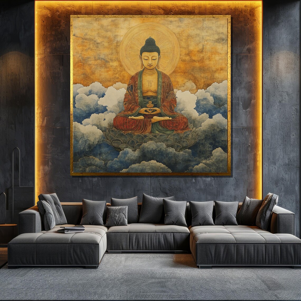 Vintage Buddha Meditating Above Clouds Golden Wall Art Poster