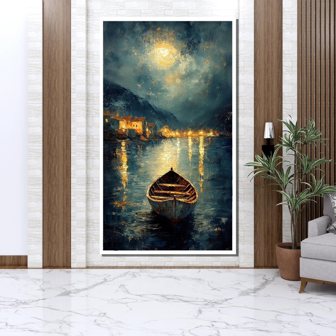 Moonlit Wooden Boat Night Lake Village Lights Serene Night Poster - Image 3