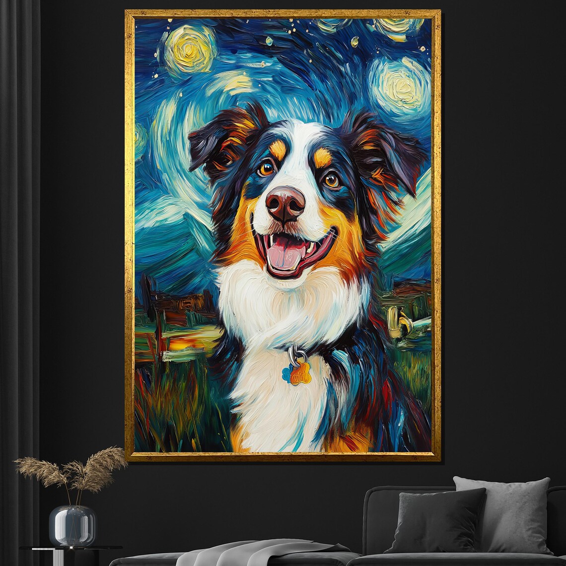 Dog Starry Night Swirling Sky Whimsical Pet Portrait Wall Art