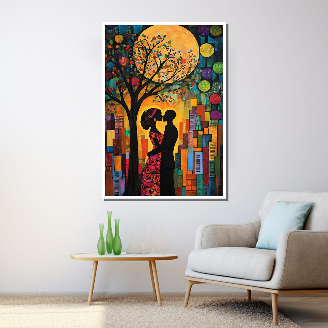 Colorful Abstract Couple Embrace Moon Tree Vibrant Mosaic Wall Poster - Image 3