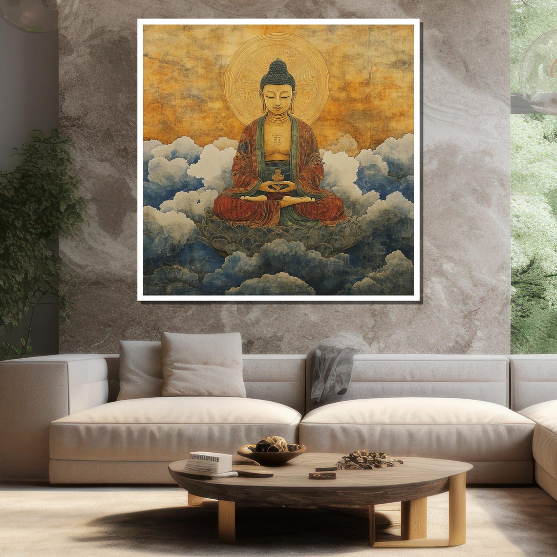 Vintage Buddha Meditating Above Clouds Golden Wall Art Poster - Image 3