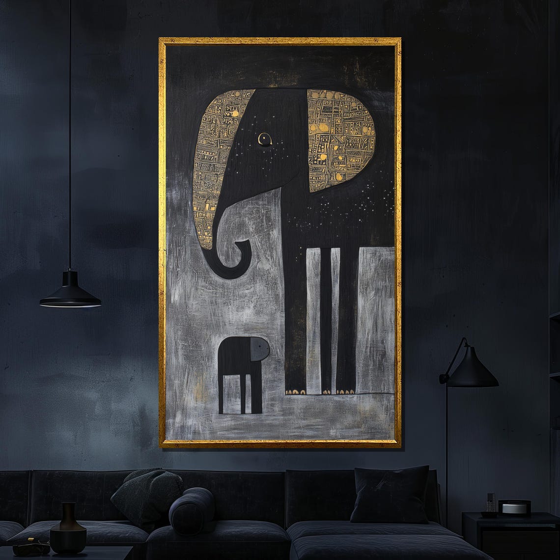 Abstract Elephant Mother And Calf Black Gold Minimalist Wall Poster