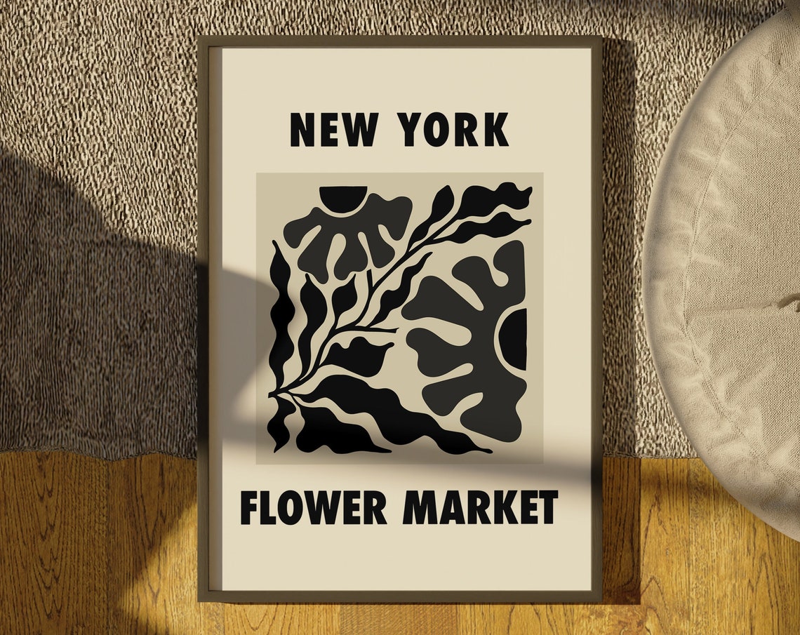 New York Flower Market Flower Market Print Flower Market Poster Black And Beige Wall Art Flower Shapes Print Hallway Poster - Image 3