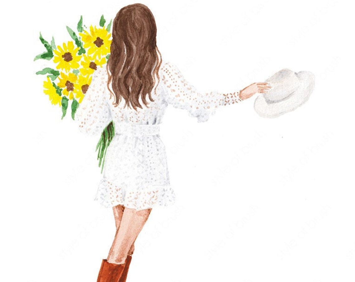 Fall White Lace Dress with Sunflower Bouquet Fashion Girl Poster