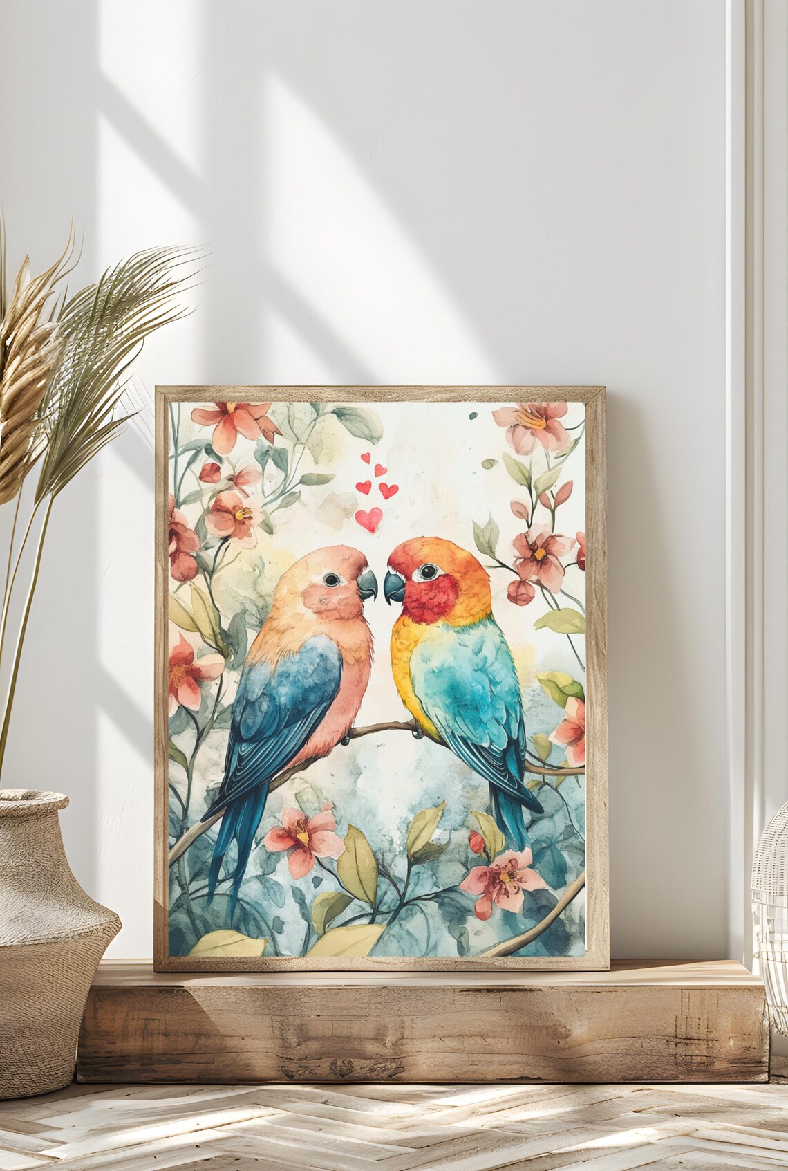 Colorful Lovebirds Watercolor Parrots On Branch Floral Bird Art Poster