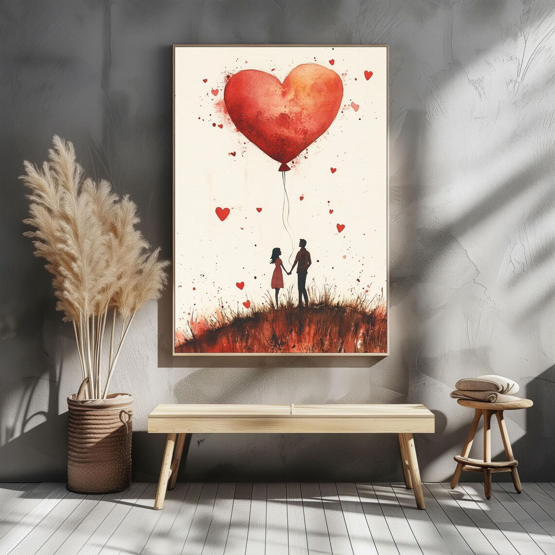 Romantic Couple Silhouette Giant Red Heart Balloon Watercolor Poster - Image 2