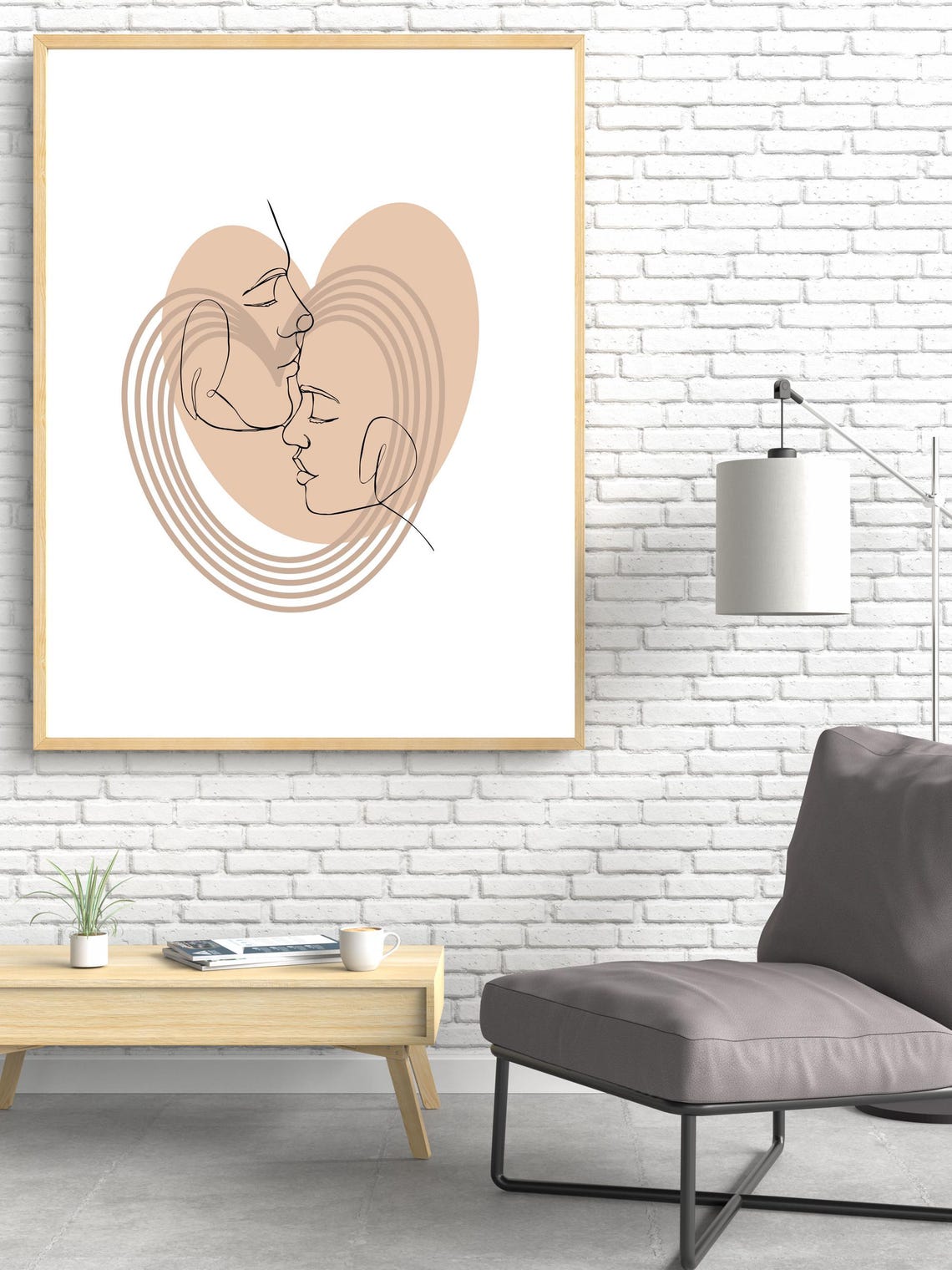Minimalist One Line Art Couple Faces Heart Beige Abstract Love Poster - Image 2