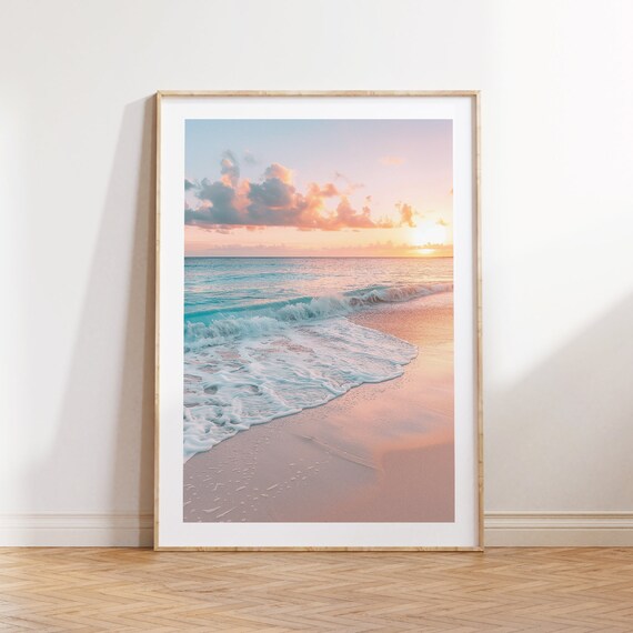 Pastel Sunset Ocean Wave Rolling Onto Pink Beach Coastal Poster
