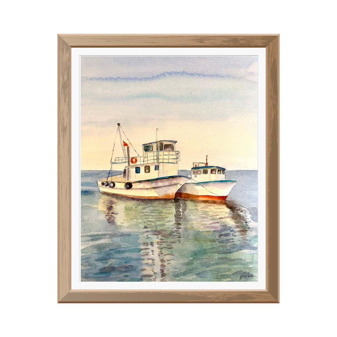 Two White Fishing Boats Moored on a Calm Sea Watercolor Poster