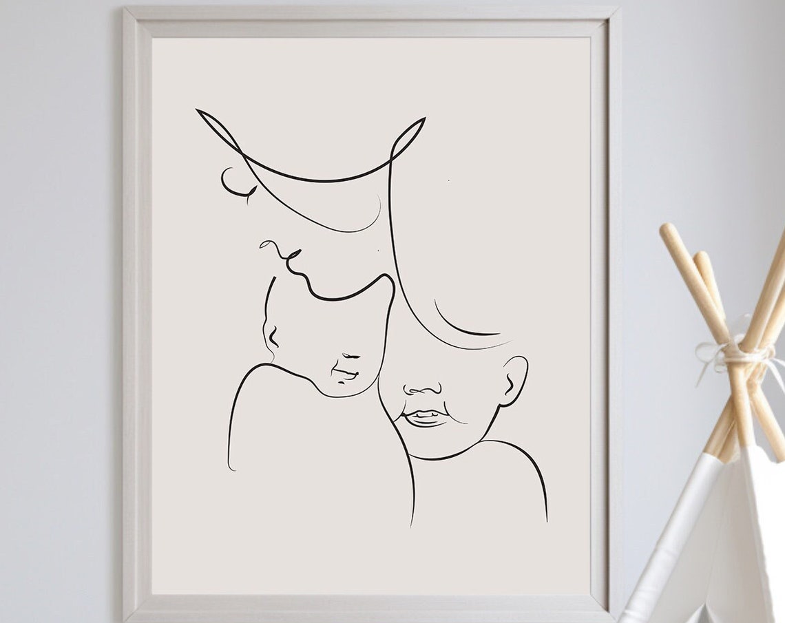 Mother With Two Kids Line Art, Nursery Decor