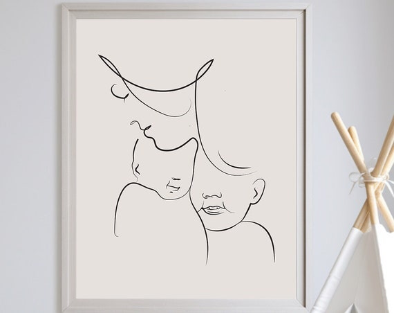 Mother With Two Kids Line Art, Nursery Decor