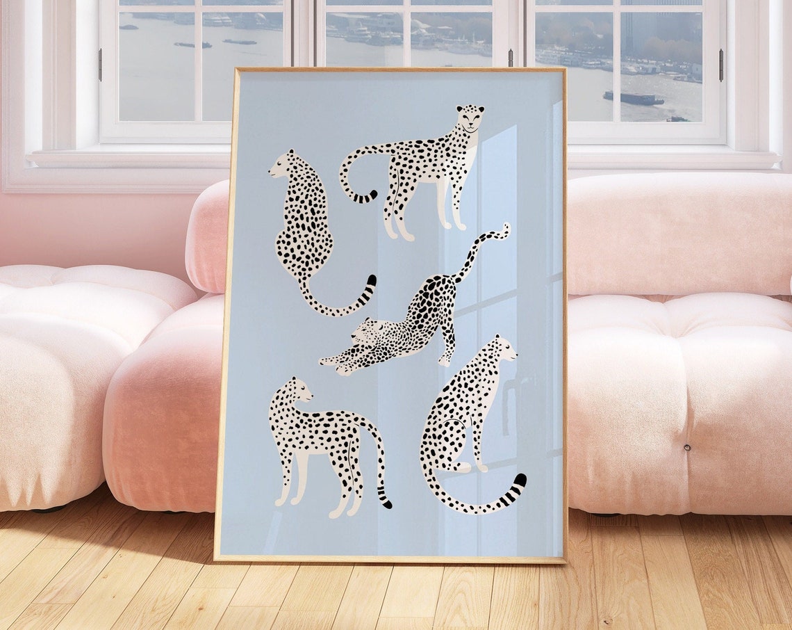 Cheetah Illustrations On Light Blue Preppy Maximalist Wall Art