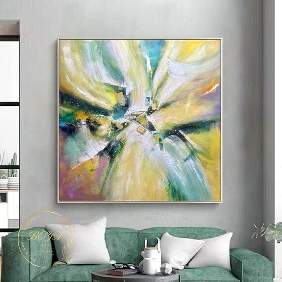 Green Abstract Painting Large Multicolor Wall Art Original Yellow Painting Modern Green Wall Art Yellow Abstract Art White Textured Painting