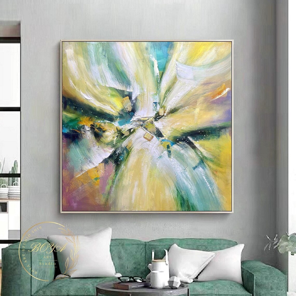 Green Abstract Painting Large Multicolor Wall Art Original Yellow Painting Modern Green Wall Art Yellow Abstract Art White Textured Painting