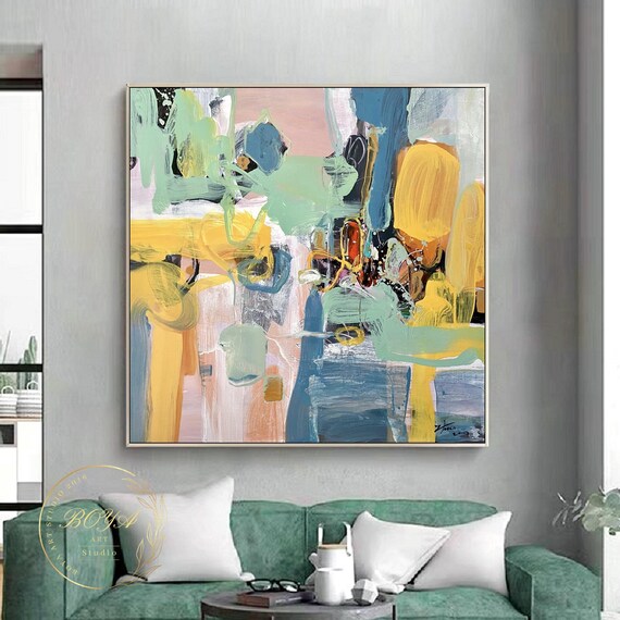Multicolor Abstract Painting Green Abstract Art Green Textured Art Yellow Wall Painting Modern Abstract Art Blue Art Yellow Wall Art