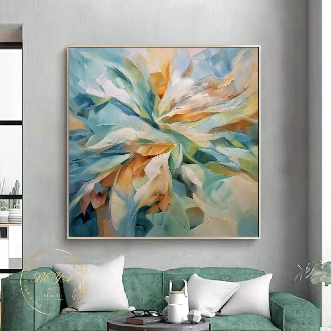 Blue Orange and Teal Blooming Flower Abstract Art Painting Poster