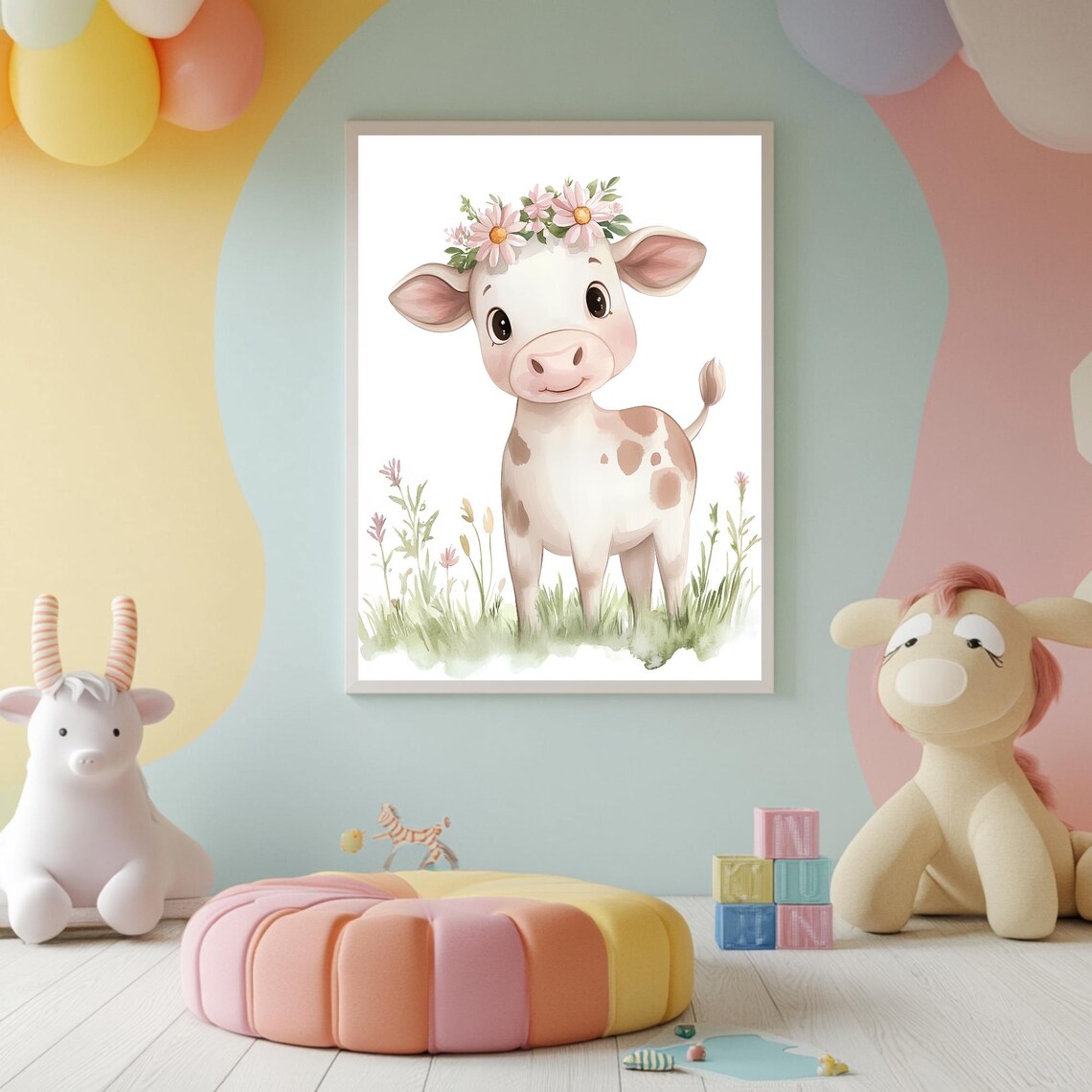Baby Cow Wearing Daisy Flower Crown in Meadow Nursery Poster - Image 2