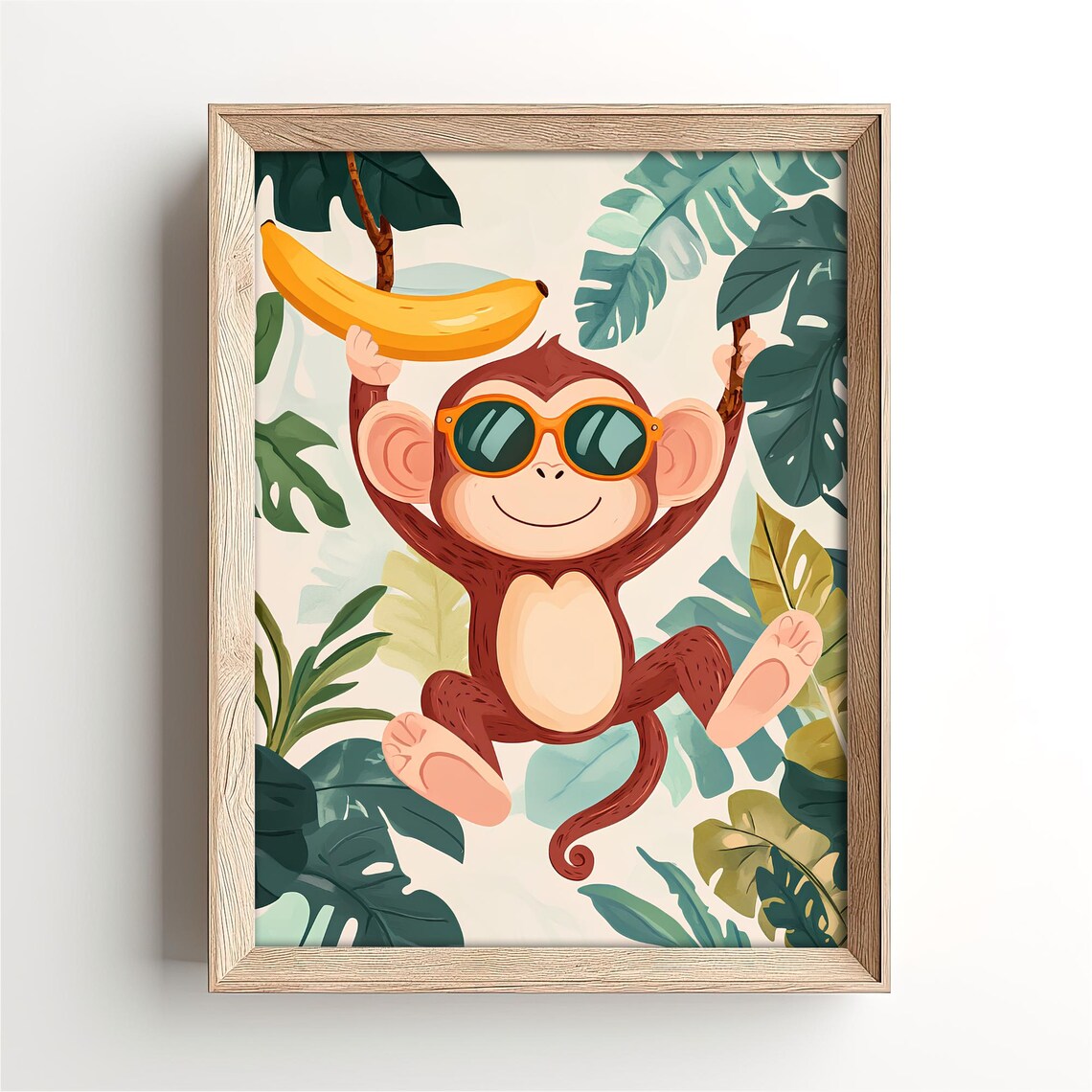 Cool Monkey in Sunglasses Holding a Banana in the Jungle Poster