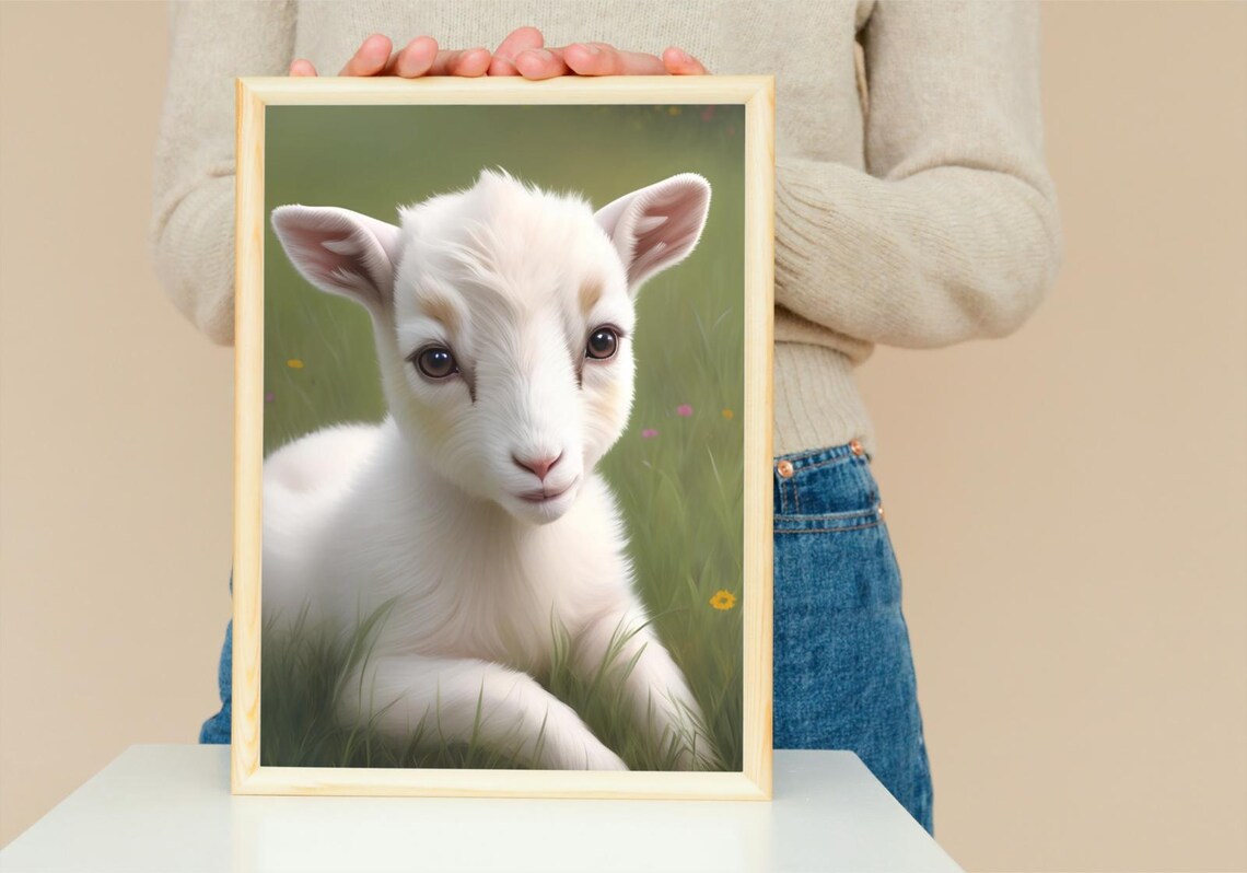 Adorable White Baby Goat Kid Flower Meadow Soft Portrait Wall Poster - Image 5