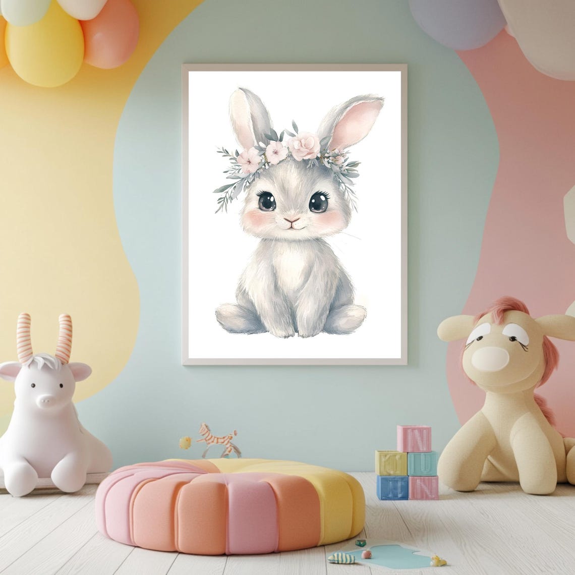Baby Bunny Wearing a Pink Flower Crown Watercolor Nursery Poster - Image 2