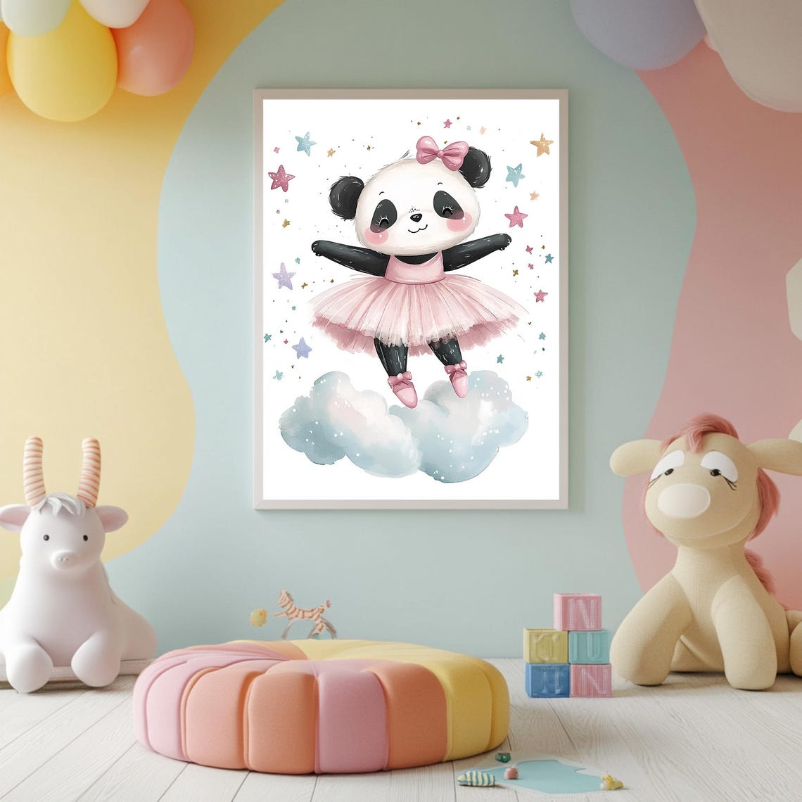 Panda Ballerina in Pink Tutu Dancing on Clouds and Stars Poster - Image 2