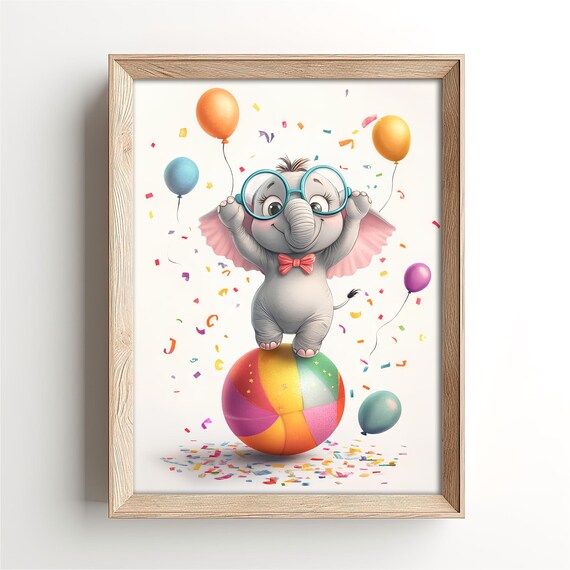 Cute Baby Elephant Glasses Bow Tie Rainbow Circus Ball Party Poster