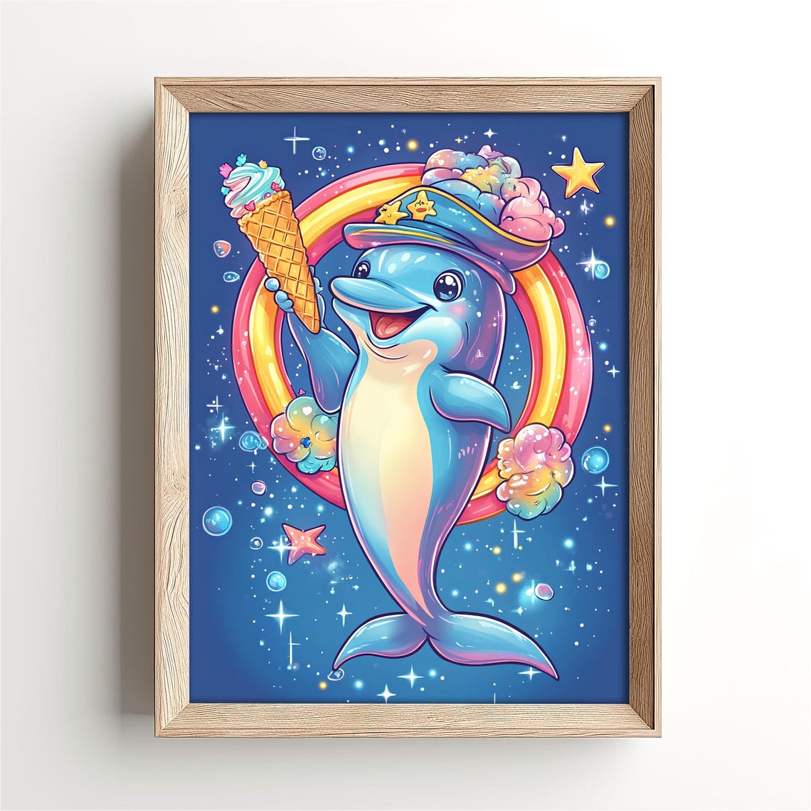 Happy Dolphin Holding Ice Cream Cone Under a Rainbow Night Poster