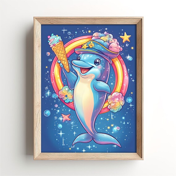 Happy Dolphin Holding Ice Cream Cone Under a Rainbow Night Poster