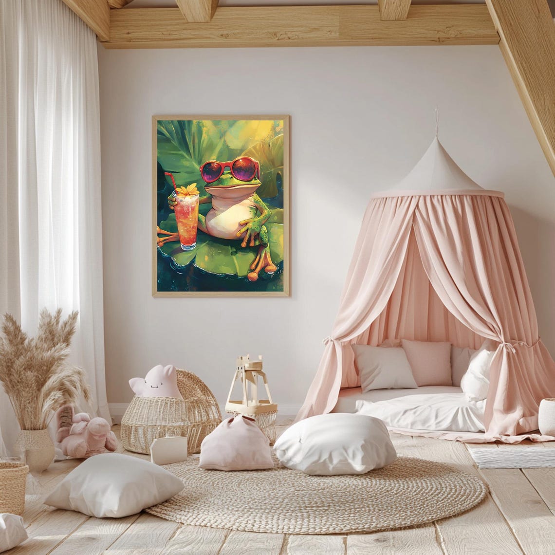Funny Frog Red Sunglasses Sipping Tropical Cocktail Lily Pad Poster - Image 5