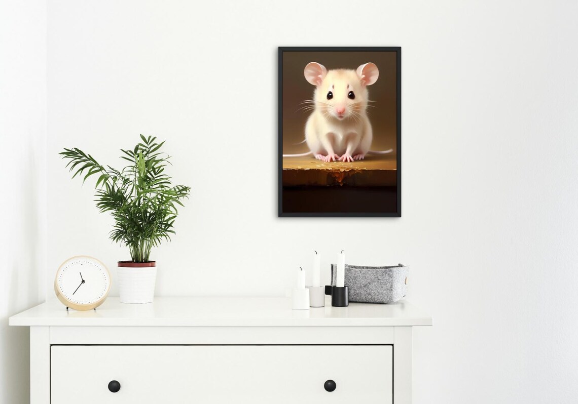 Adorable Baby White Mouse Big Pink Ears Wooden Ledge Portrait Poster - Image 4