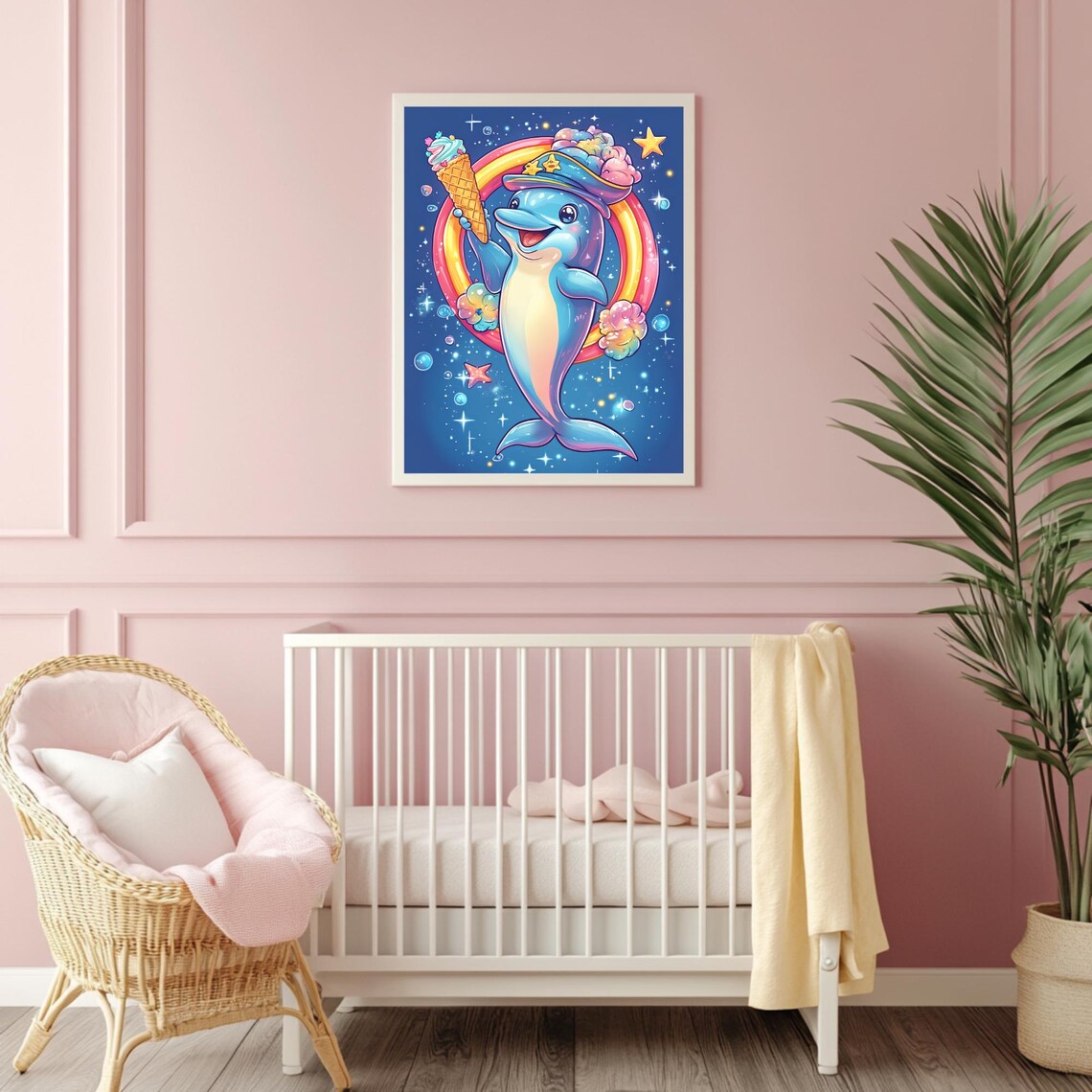 Happy Dolphin Holding Ice Cream Cone Under a Rainbow Night Poster - Image 4
