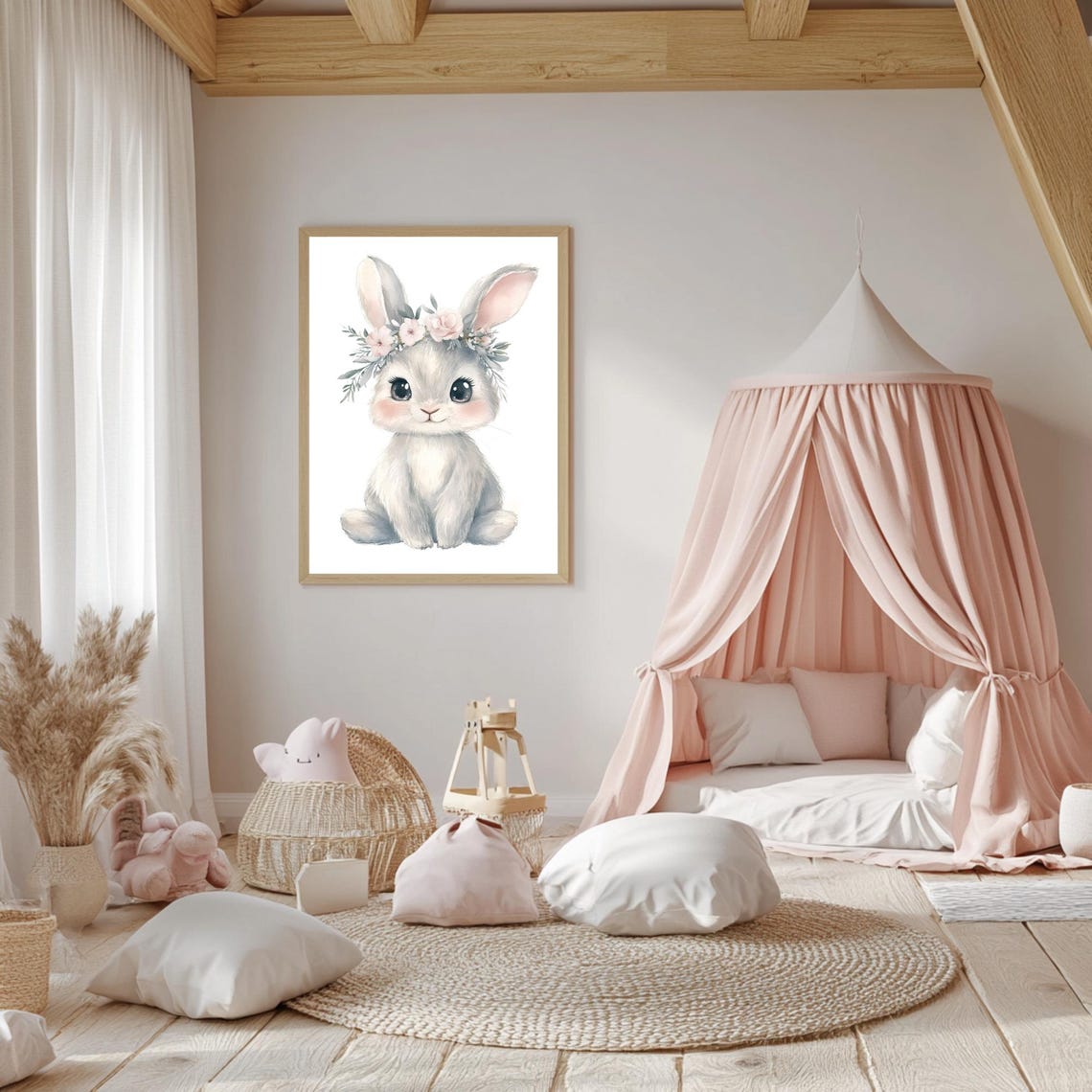 Baby Bunny Wearing a Pink Flower Crown Watercolor Nursery Poster - Image 5