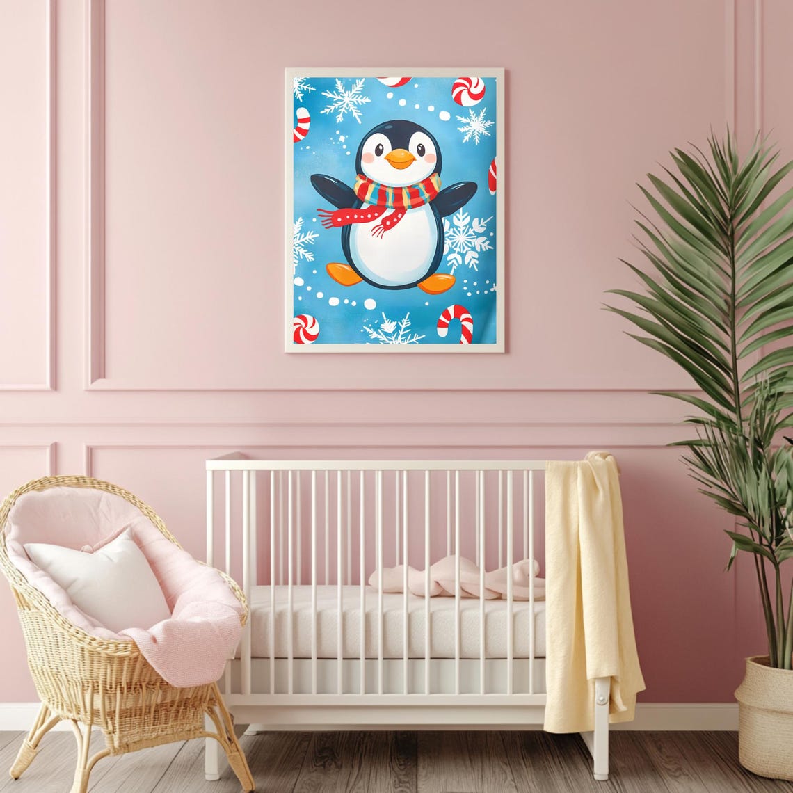 Cute Cartoon Penguin Striped Scarf Candy Cane Snowflake Winter Poster - Image 4