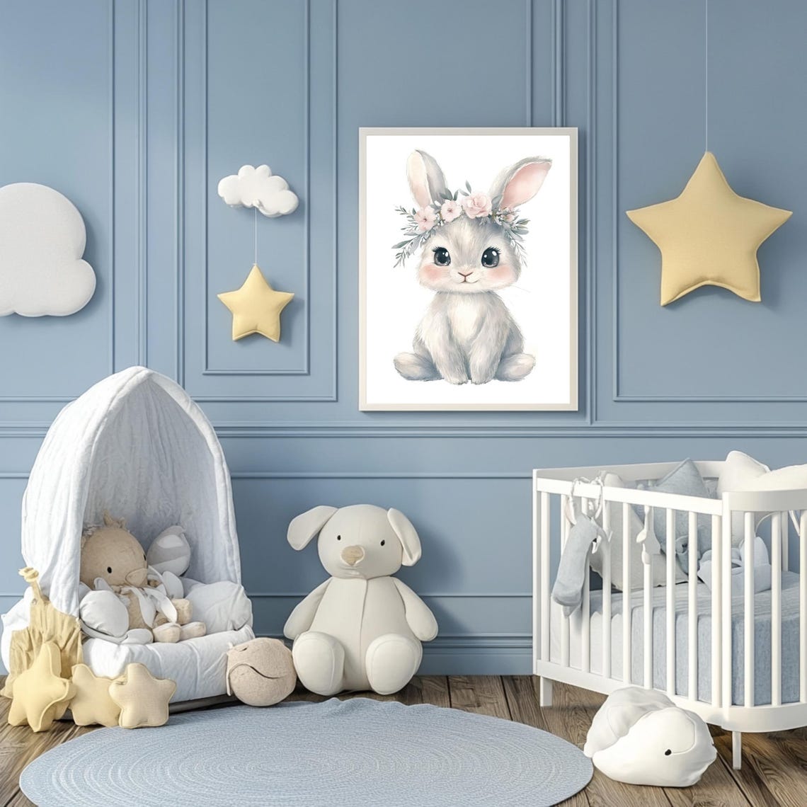 Baby Bunny Wearing a Pink Flower Crown Watercolor Nursery Poster - Image 3