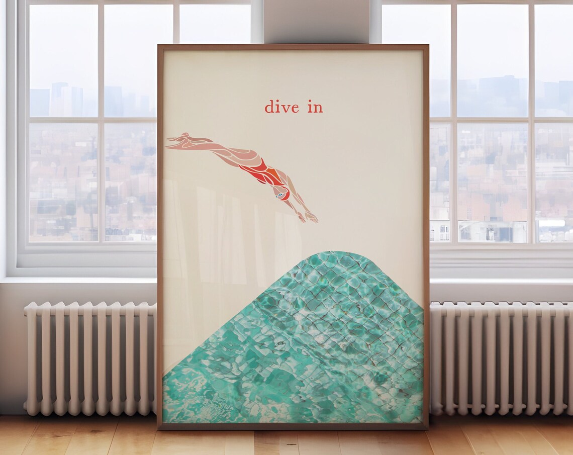 Dive In Red Stylized Diver Turquoise Pool Minimalist Swim Poster - Image 2