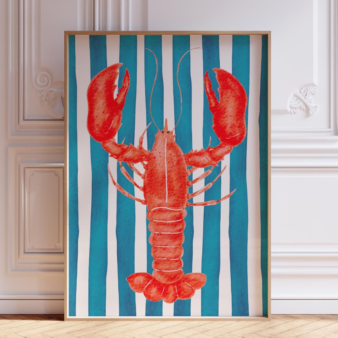 Watercolor Red Lobster Poster on Teal Coastal Stripe Background Design