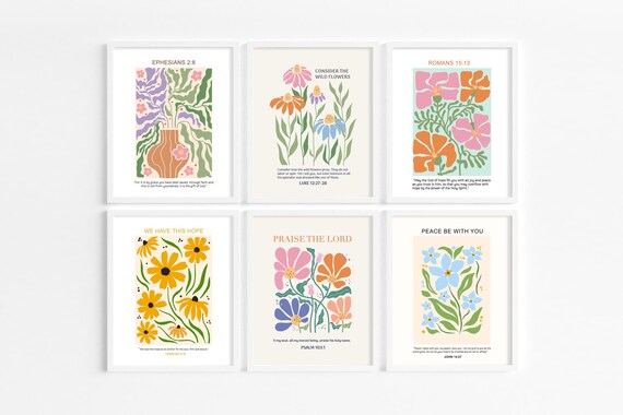 Set of Six Colorful Wildflower Bible Verse Scripture Art Prints