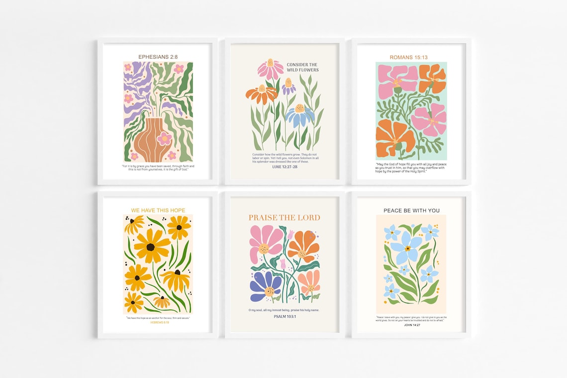 Set of Six Colorful Wildflower Bible Verse Scripture Art Prints