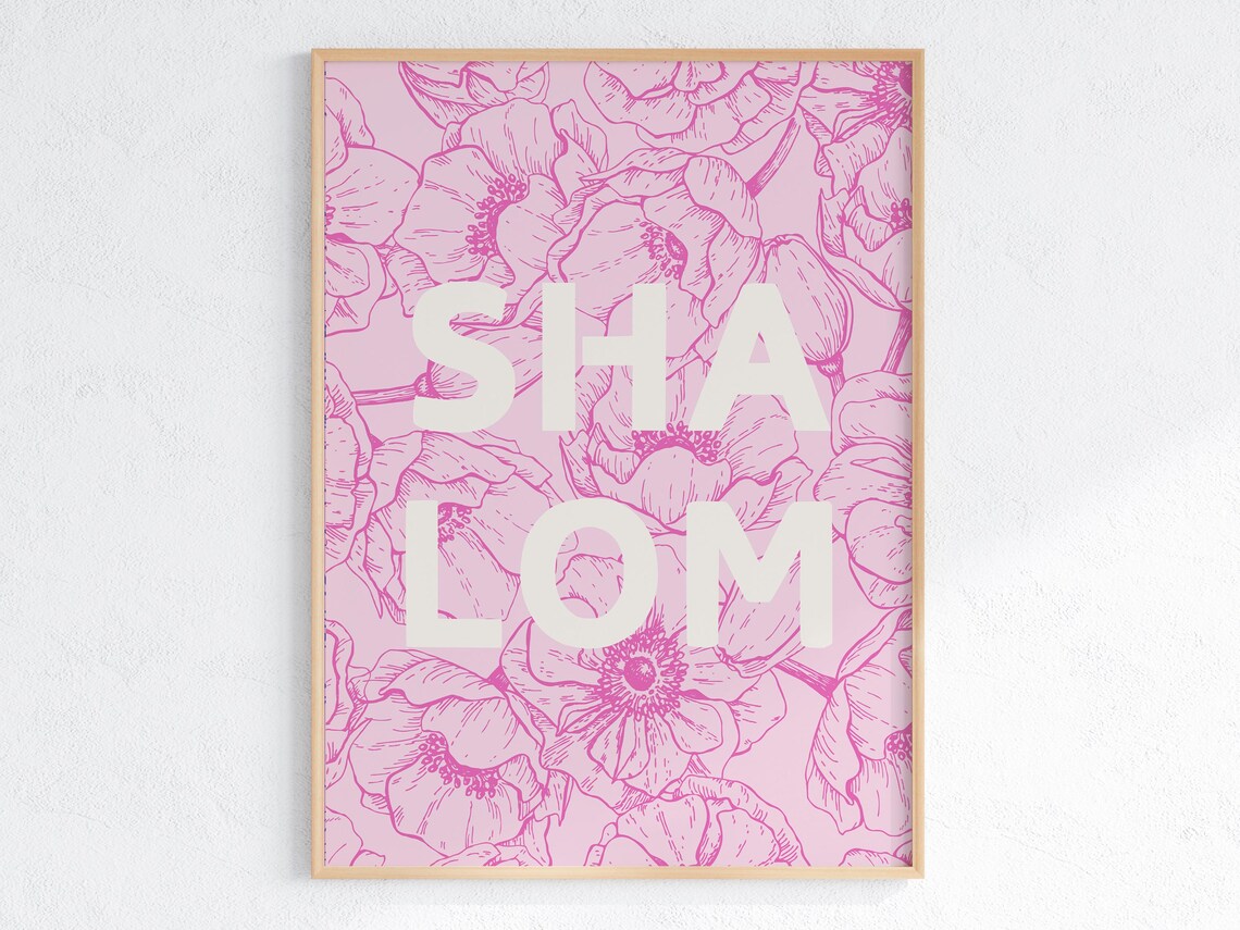 Shalom Pink Floral Line Art Hebrew Christian Verse Quote Poster