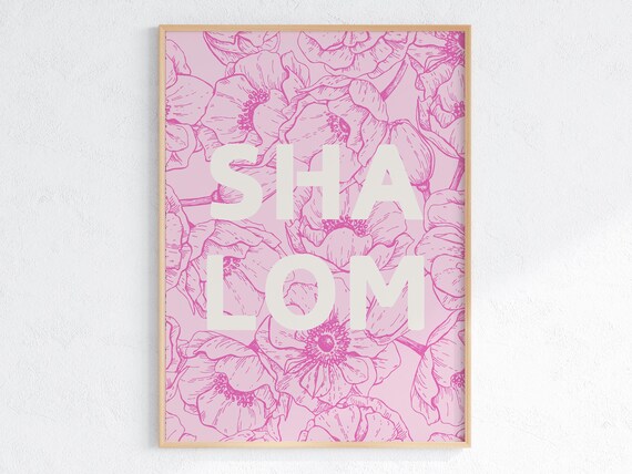 Shalom Pink Floral Line Art Hebrew Christian Verse Quote Poster